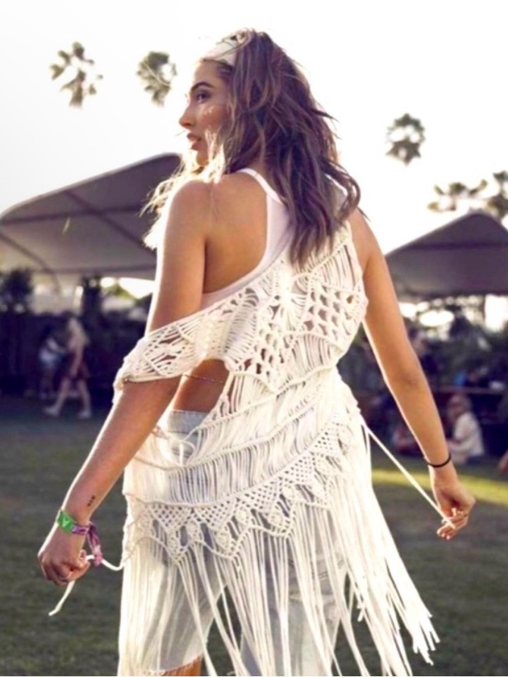 H&M Coachella White Fringe Crochet Cover-Up Vest Bohemian Festival Macrame